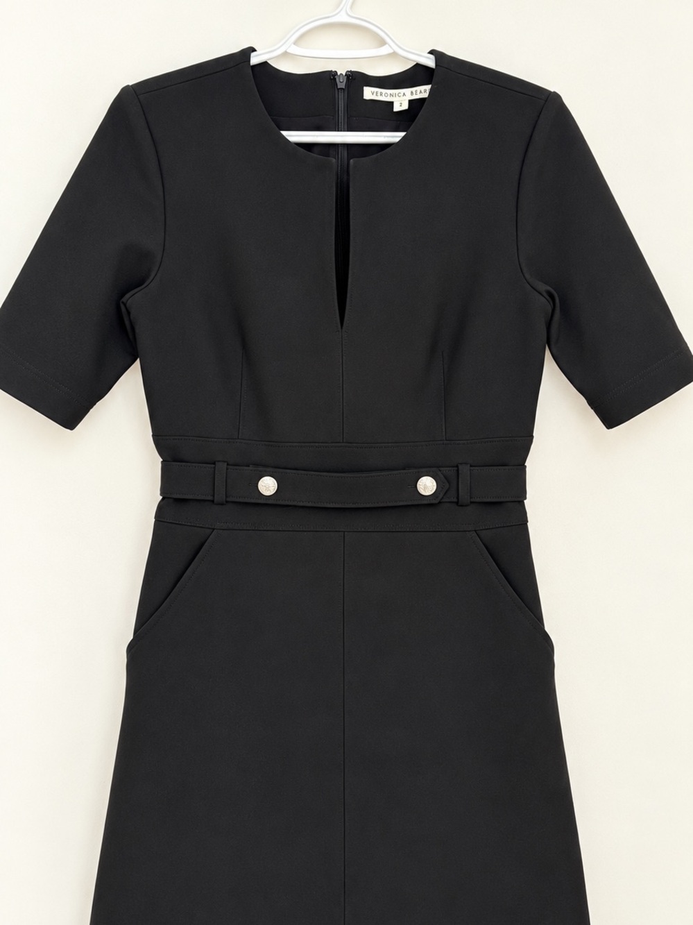 Veronica Beard Black Short-Sleeve Midi Sheath Dress with Belted Detail